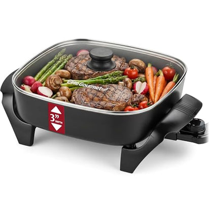 Elite Gourmet PFAS-Free Ceramic Electric Skillet, Extra Deep 12"x12"x3", Less Splatter, Dishwasher Safe, Rapid Heat, EG2313, 1200W, Black