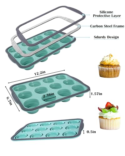 LGQUK Silicone Muffin Pan for Baking with Metal Frame， Nonstick Cupcake Pan， 12 Cup Baking Pan for Cupcake, Tarts, Egg Bites(12 Cup Green)