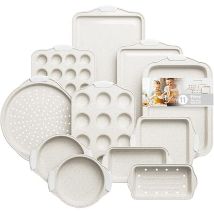 11-Piece Kitchen Nonstick Stackable Bakeware Set, Non Toxic Bakeware Sets with Silicone Handles, Includes Cookie Sheets, Cake Pan, Loaf Pan, Pizza Pan, Muffin Pan, White