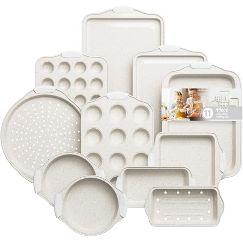 11-Piece Kitchen Nonstick Stackable Bakeware Set, Non Toxic Bakeware Sets with Silicone Handles, Includes Cookie Sheets, Cake Pan, Loaf Pan, Pizza Pan, Muffin Pan, White
