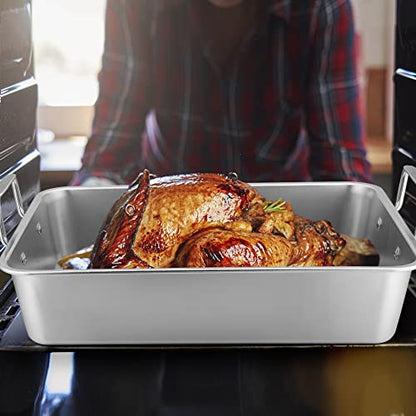 Leonyo Large Turkey Roasting Pan with V-shaped Rack, Rectangular 16 x 11.5 Inch Stainless Steel Turkey Roaster Pan with Rack Heavy Duty for Chicken Lasagna Vegetables Brownie, Dishwasher Safe, 2Pcs
