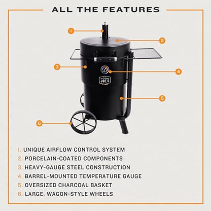Char-Broil Oklahoma Joes Bronco Barrel Drum Smoker with Porcelain Coated Steel, Air Intake Channel, and 630 Square Inches Cooking Surface, Black