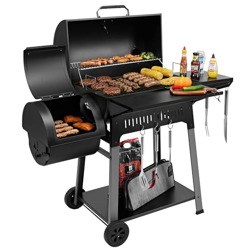 Grills House Barrel Charcoal Grill with Offset Smoker, 824 Sq. In. Cooking Area,Frame Tool Hooks, Bottom Shelf, Blow-Molded Wheels, Outdoor Charcoal Grill for Backyard Cooking, Black, CC1831S-SC