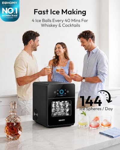 EUHOMY 2" Ice Ball Maker Countertop, 4Pcs in 40Mins, 144Pcs/day, Self-Cleaning Sphere Ice Maker with Crystal Clear Ice, Round Ice Cube Maker Machine for Whiskey & Bourbon