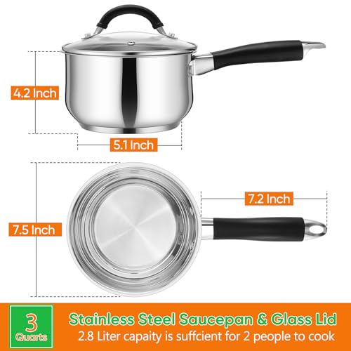 P&P CHEF 3 Quart Sauce Pan with Lid, Stainless Steel Saucepan, Small Milk Pot for Multipurpose Cooking, Visible Glass Lid & Stay-cool Silicone Handle & Tri-Ply Base, For All Stoves & Dishwasher Use