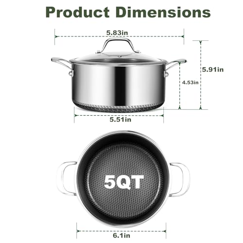 Bakoniion Hybrid Nonstick 5 QT Stockpot with Lid Two Handles, Stainless Steel Stockpot with Honeycomb Texture,Compatible with All Cooktops,Dishwasher and Oven Safe