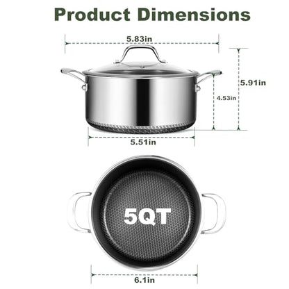 Bakoniion Hybrid Nonstick 5 QT Stockpot with Lid Two Handles, Stainless Steel Stockpot with Honeycomb Texture,Compatible with All Cooktops,Dishwasher and Oven Safe