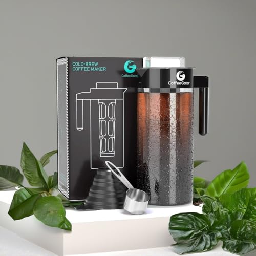 Coffee Gator Cold Brew Coffee Maker - 47 oz Iced Tea and Iced Coffee Maker and Pitcher with Borosilicate Glass Carafe, Filter - Black