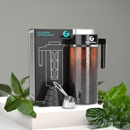 Coffee Gator Cold Brew Coffee Maker - 47 oz Iced Tea and Iced Coffee Maker and Pitcher with Borosilicate Glass Carafe, Filter - Black