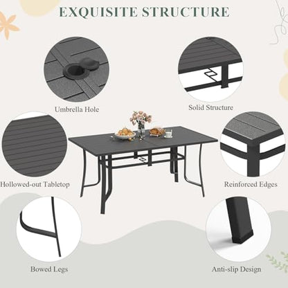 DSNAPE 7 Pieces Patio Table and Chairs Set, 63" Metal Dining Table with Umbrella Hole & 6 Textilene Fixed Chairs, Dining Table Set for 6, Outdoor Furniture for Porch Deck Backyard Balcony, Grey