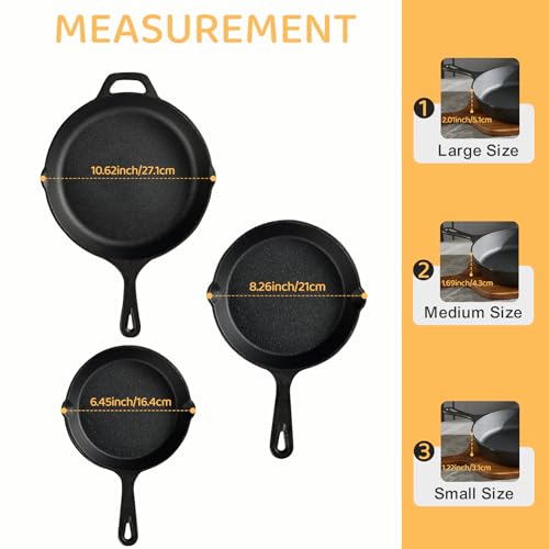 EWFEN Cast Iron Skillet 3-Piece Set, Heavy-Duty Professional Restaurant Chef Quality Pre-Seasoned Pan Cookware Set, 6", 8", 10" Pans For Frying, Saute, Cooking, Use Indoor/Outdoor, Oven, Grill