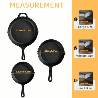 EWFEN Cast Iron Skillet 3-Piece Set, Heavy-Duty Professional Restaurant Chef Quality Pre-Seasoned Pan Cookware Set, 6", 8", 10" Pans For Frying, Saute, Cooking, Use Indoor/Outdoor, Oven, Grill