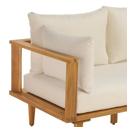 Christopher Knight Home Flynn Acacia Wood Patio Furniture Set, 6-Seater L-Shaped Sectional Sofa Set and Small Coffee Table, Outdoor Conversation Set for Backyard Poolside Balcony, Natural+Beige