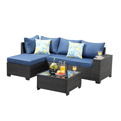 Jing's Villa 5-Piece Patio Furniture Set, All-Weather Outdoor Wicker Sectional Sofa with Cushions, Tempered Glass Table & Ottoman,Rattan Conversation Seating for Porch, Garden, Backyard,Navy