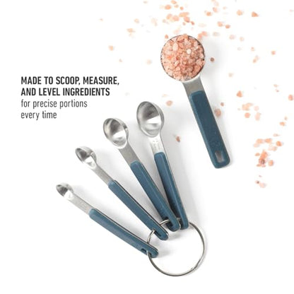 Calphalon Prime Measuring Spoons, Plastic Measuring Spoon Set, 5-Piece Stainless Steel Measuring Spoons Navy Silicone Handle Accurate, Durable for Spices and Small Portions