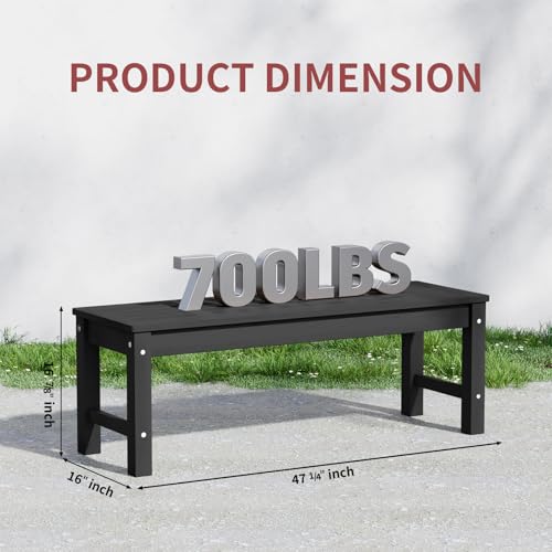 Psilvam 47" Outdoor Bench Weatherproof, All Weather Polylumber 2-Person Backless Bench,Garden Bench with 700Lbs Weight Capacity, Patio Bench for Porch,Garden and Park (Black)