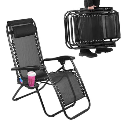 VTOY Zero Gravity Lounge Chair,Adjustable Outdoor Reclining Patio Chairs with Pillow and Cup Holder,Portable Camping Beach Chair,Steel Mesh Folding Recliner for Pool Yard Lawn (Black)