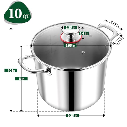 P&P CHEF 10 Quart Tri-Ply Stainless Steel Stockpot, Stock Pot with Visible Lid for Soup Pasta Vegetable, Induction Cooking Pot for All Stoves, Sturdy & Double Handle, Dishwasher Safe