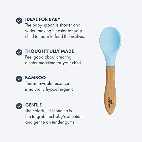 Avanchy Baby Spoons, Silicone Baby Spoons for Self Feeding, Toddler & Infant Spoons 4+ Months, Baby Led Weaning Utensils, Soft Tip Feeding Spoons, BPA Free Bamboo Handle, 5 Pack Blue