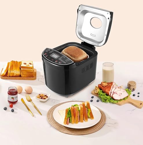Bread Maker, 19-in-1 2LB Dough Machine, Nonstick Ceramic Pan Automatic Breadmaker with Gluten Free Setting, Automatic Compact Dough Machine Nonstick,Digital,3 Loaf Sizes, 2 Crust Colors, Black
