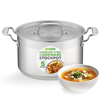 NutriChef 5-Quart Stainless Steel Stockpot with Lid- 18/8 Food Grade Heavy Duty Inox Large Stock Pot for Stew, Soup, Works w/ Induction