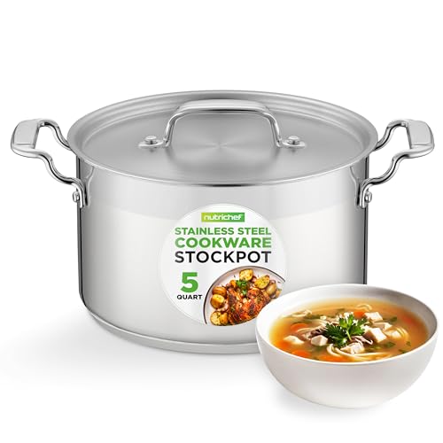 NutriChef 5-Quart Stainless Steel Stockpot with Lid- 18/8 Food Grade Heavy Duty Inox Large Stock Pot for Stew, Soup, Works w/ Induction