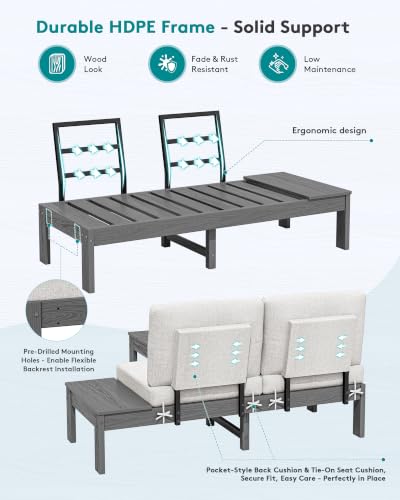 SERWALL HDPE Outdoor Loveseat Sofa, 2 Seats Patio Sofa, All-Weather Patio Conversation Sets with Adjustable Backrest Sofa for Backyard and Garden, Grey Frame with Beige Cushion