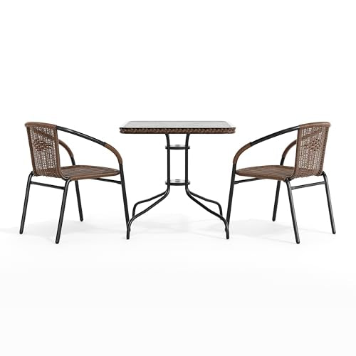 Flash Furniture Lila 3-Piece 28" Square Indoor/Outdoor Patio Table and Chairs Set, Glass Metal Bistro Table and 2 Stacking Rattan Chairs, Brown