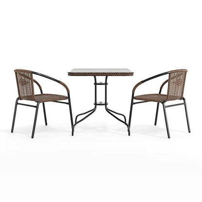 Flash Furniture Lila 3-Piece 28" Square Indoor/Outdoor Patio Table and Chairs Set, Glass Metal Bistro Table and 2 Stacking Rattan Chairs, Brown