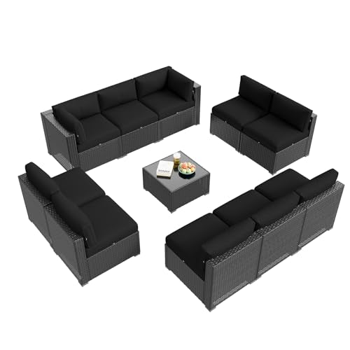 Aoxun Patio Furniture Set, 11 Piece Outdoor Sectional Sofas with Waterproof Cover, 10 Seats Wicker Rattan Outdoor Furniture Patio Conversation Set for Backyard, Garden Black