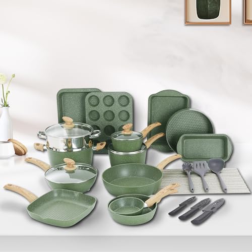 DishDelight Green Pots and Pans Set Non Stick, 30 Piece Induction Kitchen Cookware Sets for Cooking, Non Toxic Granite Pot and Pans Set, PFOA&PFOA Free