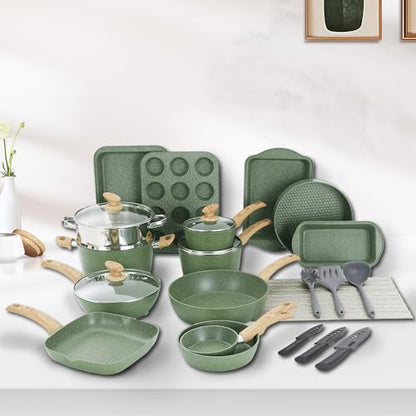 DishDelight Green Pots and Pans Set Non Stick, 30 Piece Induction Kitchen Cookware Sets for Cooking, Non Toxic Granite Pot and Pans Set, PFOA&PFOA Free