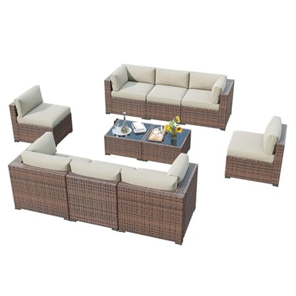 LazySunsets 10 Piece Outdoor Patio Furniture Set with Coffee Table, Outdoor Patio Furniture Sets with Thicken Cushion, Wicker Rattan Outdoor Conversation Set for Backyard & Garden, Beige