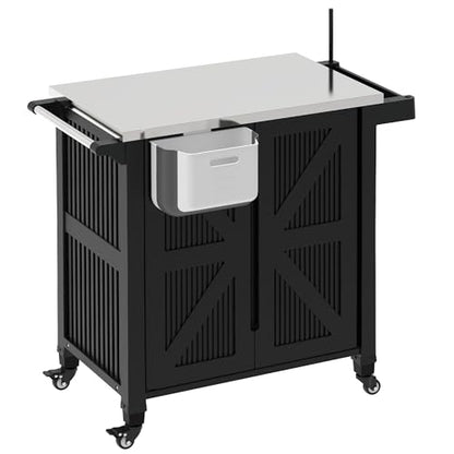 IWDOO Outdoor Kitchen Island with Storage Cabinet, Movable Grill Cart with Stainless Steel Countertop, 4 Swivel Wheels, PP Material Rolling BBQ Food Prep Table Cart for Patio, Poolside, Black