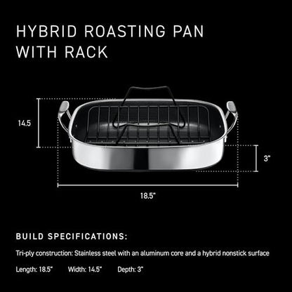 HexClad Hybrid 17 x 14 Inch Rectangular Nonstick Roasting Pan with Rack, Dishwasher-Friendly, Oven-Safe Up to 900°F, Compatible with All Cooktops