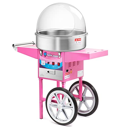 Olde Midway Cotton Candy Machine Cart with Bubble Shield, SPIN-2000 Electric Candy Floss Maker, Commercial-Grade