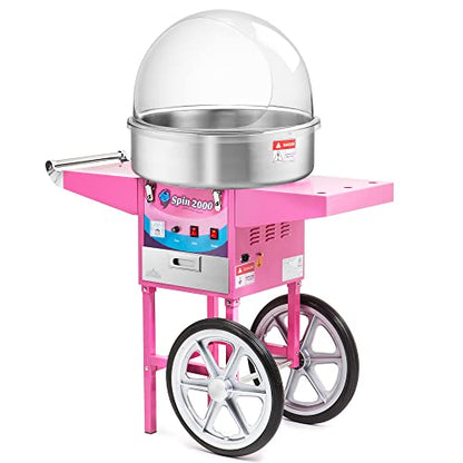 Olde Midway Cotton Candy Machine Cart with Bubble Shield, SPIN-2000 Electric Candy Floss Maker, Commercial-Grade