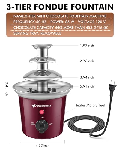 WanshengLe 3-Tier Mini Gear Chocolate Fountain, 14oz Small Stainless Steel Chocolate Fondue Fountain, Detachable Chocolate Fondue Machine for Party Night Dip Strawberries