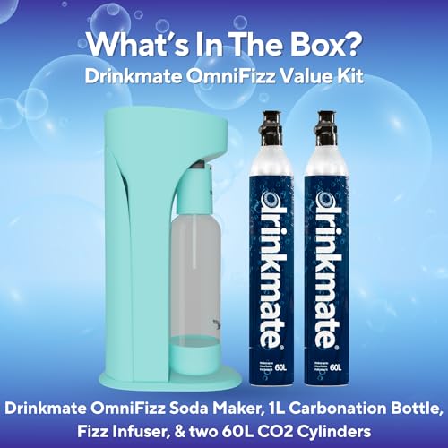 Drinkmate OmniFizz Sparkling Water Maker & Soda Streaming Machine | Carbonates Any Drink | VALUE KIT | Includes Two 60L CO2 Cartridges + One BPA-Free Bottle (Arctic Blue)