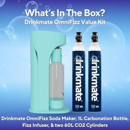 Drinkmate OmniFizz Sparkling Water Maker & Soda Streaming Machine | Carbonates Any Drink | VALUE KIT | Includes Two 60L CO2 Cartridges + One BPA-Free Bottle (Arctic Blue)