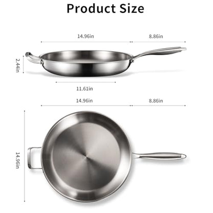 DELARLO Tri-Ply Stainless Steel Pan, 18/10 Frying Pan, Oven Safe Up to 600°F, Nontoxic Cookware, Compatible with All Cooktops Skillet, Durable, Fast Even Heat Fry Pan,Large 14.2 Inch Frying Pan