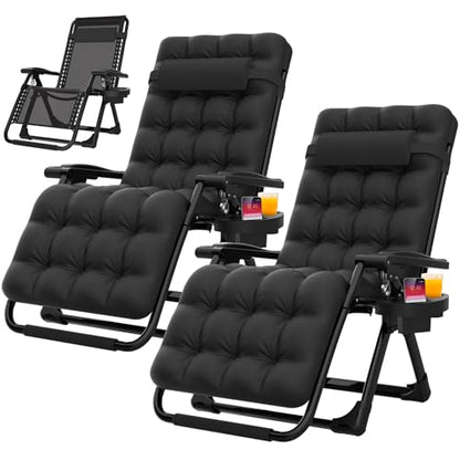 Suteck Zero Gravity Chair Set of 2, Reclining Camping Lounge Chair w/Removable Cushion, Upgraded Lock and Cup Holder, Reclining Patio Chairs Folding Recliner for Indoor and Outdoor