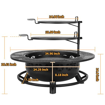 Hykolity 35 Inch Fire Pit with 2 Cooking Grate & Charcoal Pan, Outdoor Wood Burning BBQ Grill Firepit Bowl with Cover Lid, Steel Round Table for Backyard Bonfire Patio Picnic