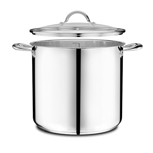 Stainless Steel Stockpot with Tempered Glass Lid 16 Quart, Durable 18/0 Stainless Steel, Impact-Bonded Base for Even Heating, Riveted Handles, Oven & All Stove Compatible, Safe Up To 500°F (260°C)