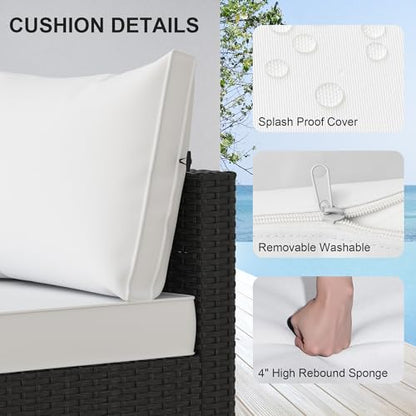 Patio Furniture Set, 5PCS Outdoor Sectional with Ottoman Wicker Rattan Patio Couch with Thickened Cushion Modular Wicker Patio Conversation Set with Glass Top Table for Balcony, Backyard (White)