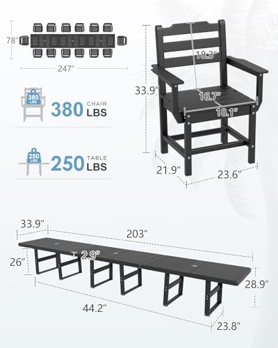 K Knowbody Extra Large Outdoor Dining Set for 14, All-Weather 17-Piece Patio Table and Chairs Set with Umbrella Hole, Steel-Reinforced Durable HDPE Furniture for Backyard,Garden,Lawn,Poolside, Black