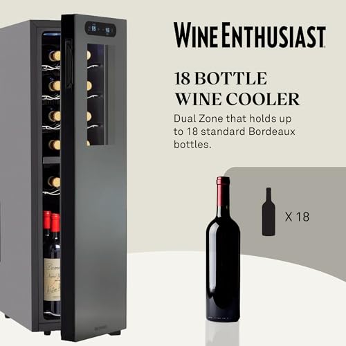 Wine Enthusiast 18-Bottle Slimline Dual Zone Wine Cooler - Energy Efficient Freestanding Wine Refrigerator - Upright Bottle Storage, Adjustable Thermostat, Digital Touchscreen (20.5” x 10.7" x 36.8”)