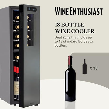 Wine Enthusiast 18-Bottle Slimline Dual Zone Wine Cooler - Energy Efficient Freestanding Wine Refrigerator - Upright Bottle Storage, Adjustable Thermostat, Digital Touchscreen (20.5” x 10.7" x 36.8”)