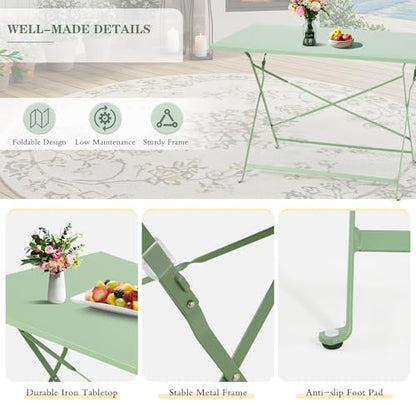 MELLCOM 5-Piece Foldable Patio Dining Set with Rectangular Table and Chairs, Weather-Resistant Iron Outdoor Dining Set for 4 People, Outdoor Table and Chairs for Patio, Yard, Indoor, Green