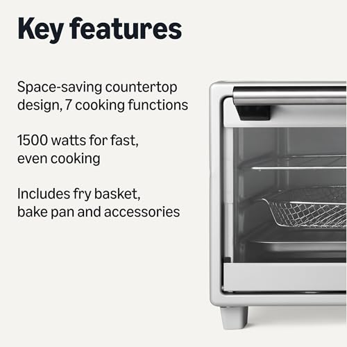 Amazon Basics 6-Slice 23-QT Toaster Oven with Built-In Air Fryer, 7-In-1 Cooking Options, 60-Min Timer & Adjustable Temperature (200°F - 450°F), With Accessories, 1500W, Stainless Steel, Silver/Gray